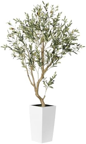 Faux Olive Tree 5ft with White Planter and Natural Wood Trunk