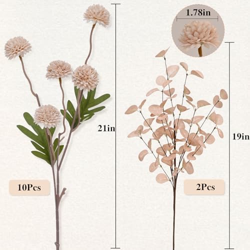 Waipfaru 10pcs Fake Silk Pompon Mum Artificial Flowers with Eucalyptus Stems