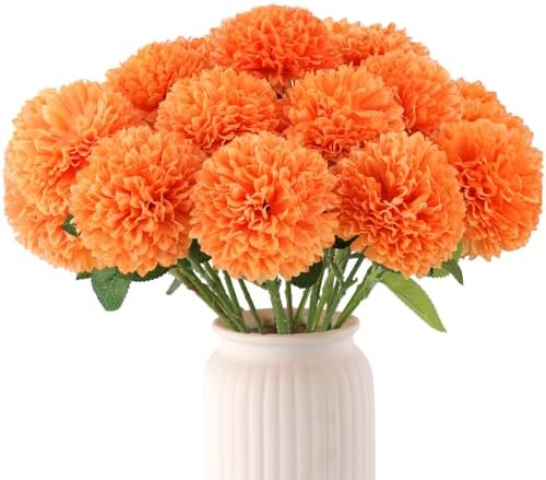 Hananona 12 Pcs Artificial Chrysanthemums Ball Flowers Orange