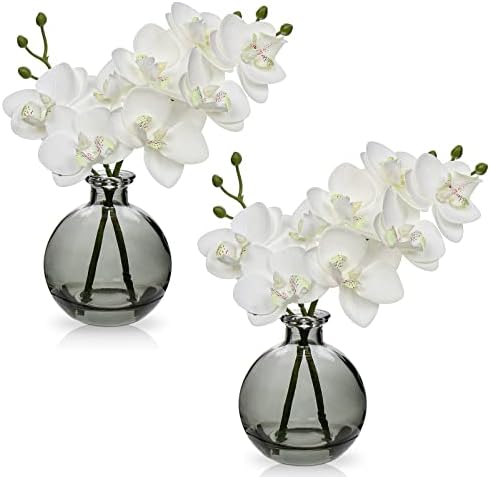 White Orchids Artificial Flowers Set of 2 with Glass Vase