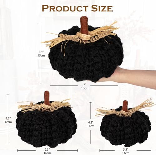 Briful Extra Large Black Yarn Pumpkins 3pcs Fall Decor