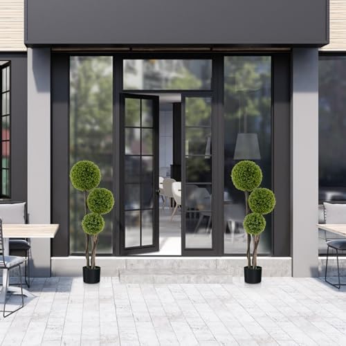 GOFLAME 4FT Artificial Boxwood Topiary Triple Ball Faux Plant in Pot