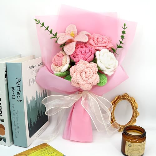 Handmade Crochet Sunflowers Rose Daisy Bouquet Pink Gift