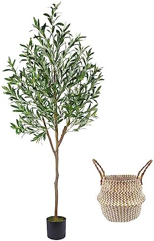 6ft Tall Artificial Olive Tree with Black Pot and Woven Basket