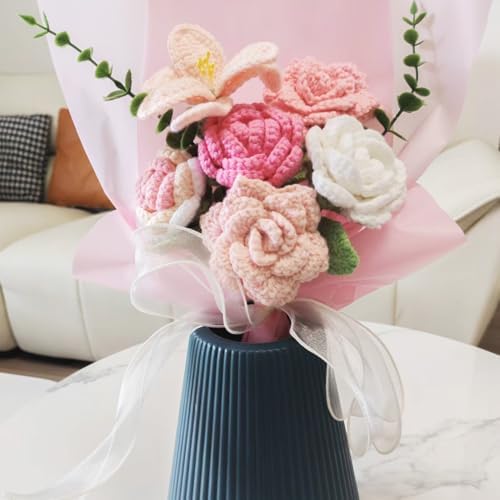 Handmade Crochet Sunflowers Rose Daisy Bouquet Pink Gift