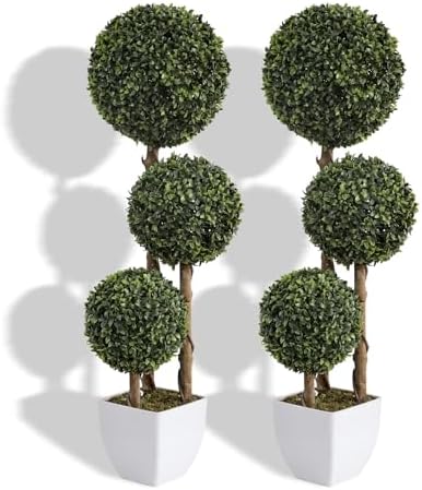 Damomo Artificial Triple Ball Boxwood Topiaries 3ft Fake Tree 2 Pieces