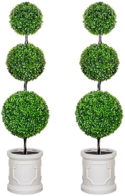 3FT Artificial Triple Ball Topiary Trees with White Planter Pot Set of 2