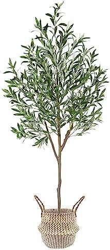 6ft Tall Artificial Olive Tree with Black Pot and Woven Basket