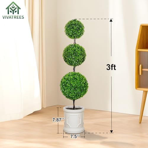 3FT Artificial Triple Ball Topiary Trees with White Planter Pot Set of 2