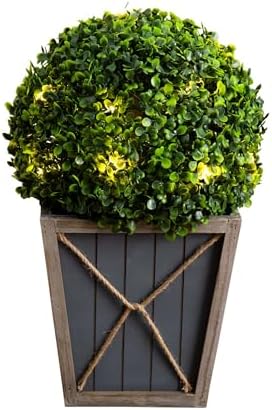 Nearly Natural 18in UV Resistant Artificial Boxwood Topiary with LED Light