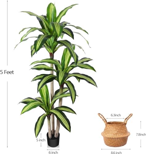 Ferrgoal 5 Ft Dracaena Tree Artificial Plants with Woven Seagrass Basket