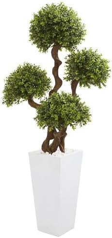 Nearly Natural 55in Four Ball Boxwood Artificial Topiary Tree in White Planter