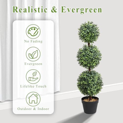 35 Inch Artificial Triple Ball Boxwood Topiary Tree Set of 2