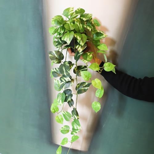Fake Pothos Hanging Plants Set of 2 Artificial Silk Ivy Vines with Pots
