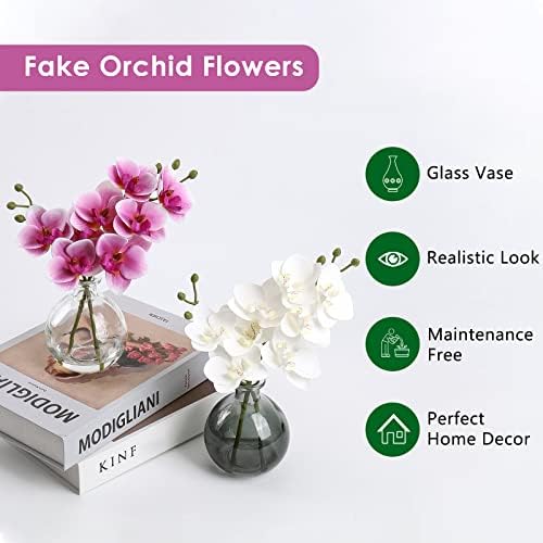 White Orchids Artificial Flowers Set of 2 with Glass Vase