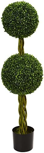 Nearly Natural 4ft Boxwood Double Ball Artificial Topiary Tree with Woven Trunk