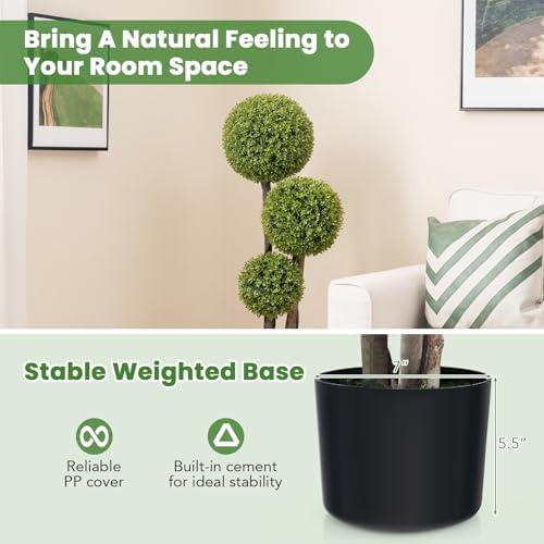 GOFLAME 4FT Artificial Boxwood Topiary Triple Ball Faux Plant in Pot