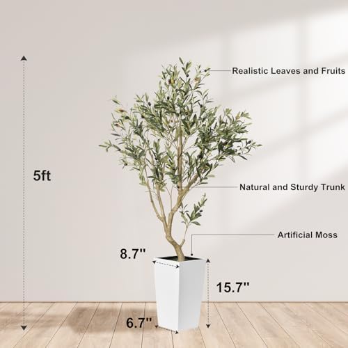 Faux Olive Tree 5ft with White Planter and Natural Wood Trunk