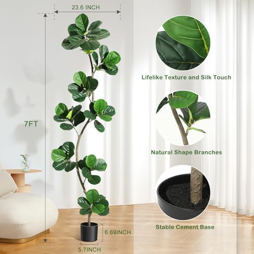 GarveeHome Artificial Fiddle Leaf Fig Tree - 7FT Fake Plant with Black Planter