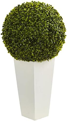 Nearly Natural 28in Boxwood Topiary Artificial Plant in White Tower Planter
