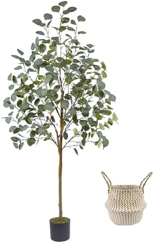 5ft Artificial Eucalyptus Tree with Woven Basket and Black Pot