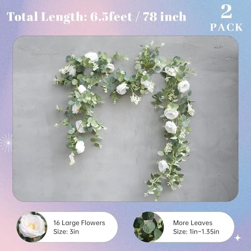 Der Rose 2Pcs Artificial Eucalyptus Garland with White Roses and Gypsophila