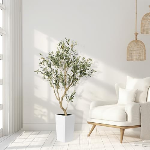 Faux Olive Tree 5ft with White Planter and Natural Wood Trunk