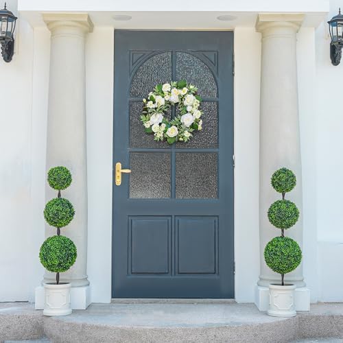 3FT Artificial Triple Ball Topiary Trees with White Planter Pot Set of 2