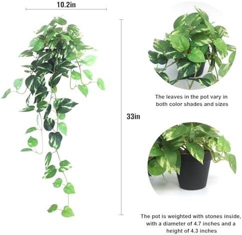 Fake Pothos Hanging Plants Set of 2 Artificial Silk Ivy Vines with Pots