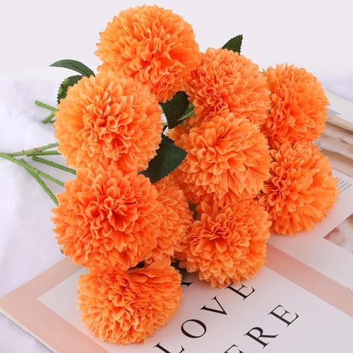 Hananona 12 Pcs Artificial Chrysanthemums Ball Flowers Orange