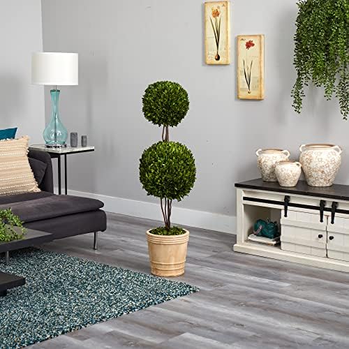 Nearly Natural 4ft Preserved Boxwood Double Ball Topiary Tree with Planter