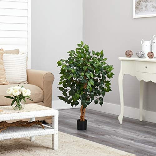 Nearly Natural 3ft Triple Trunk Artificial Ficus Tree with Black Pot