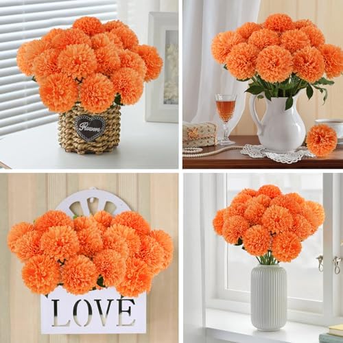 Hananona 12 Pcs Artificial Chrysanthemums Ball Flowers Orange