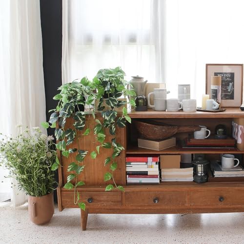 Fake Pothos Hanging Plants Set of 2 Artificial Silk Ivy Vines with Pots