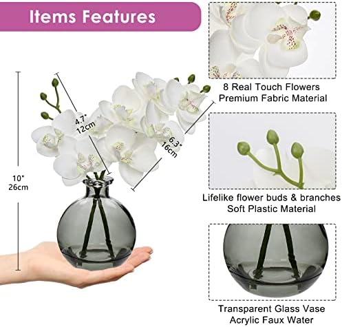 White Orchids Artificial Flowers Set of 2 with Glass Vase