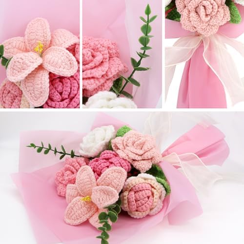 Handmade Crochet Sunflowers Rose Daisy Bouquet Pink Gift