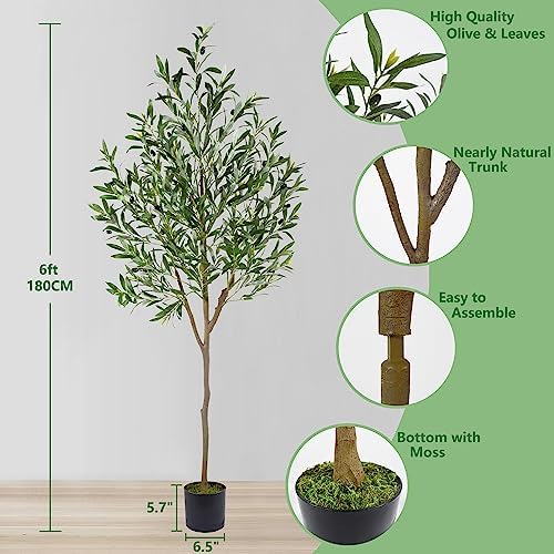 6ft Tall Artificial Olive Tree with Black Pot and Woven Basket