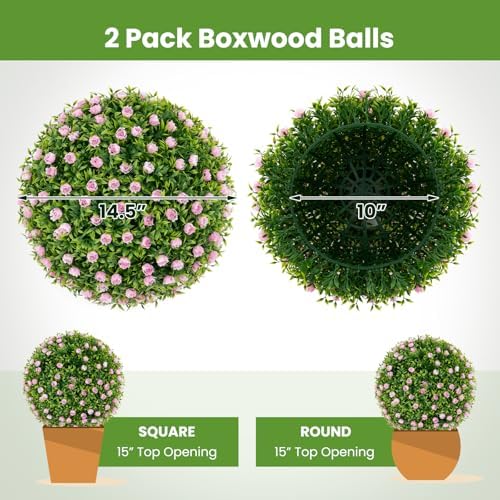 Goplus 145 Inch Artificial Topiary Balls Set of 2 with Pink Flowers