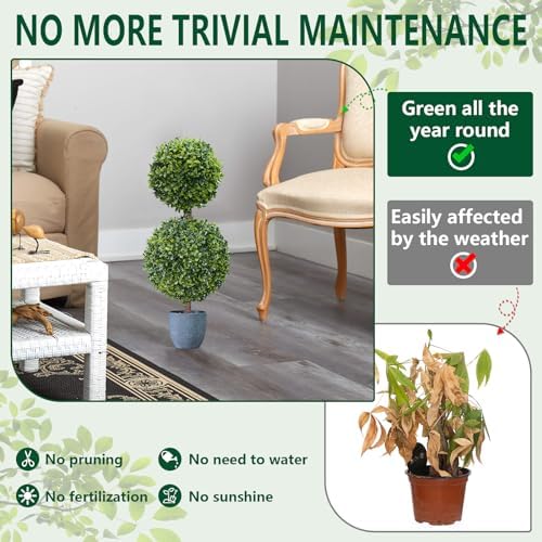 UNADRA Faux Boxwood Topiary Plants 2 Pack 24 Inch Artificial