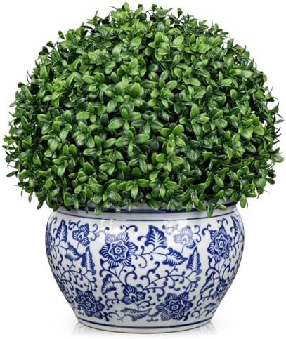 DILATATA Artificial Boxwood Ball in Blue and White Ceramic Pot
