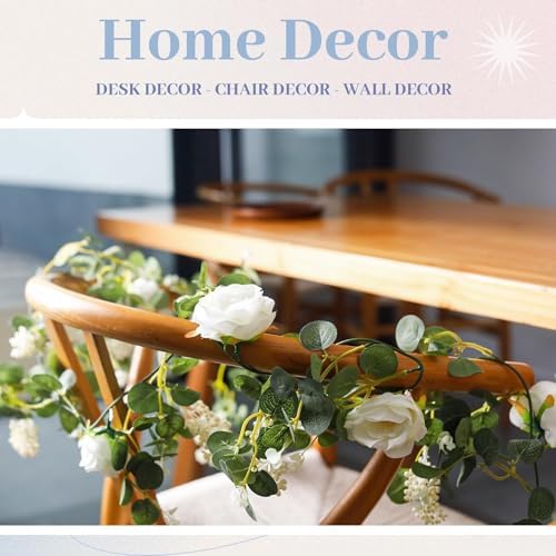 Der Rose 2Pcs Artificial Eucalyptus Garland with White Roses and Gypsophila