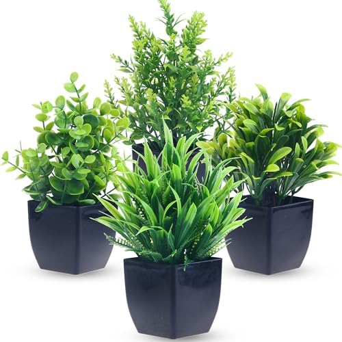 GREENTIME 4 Pack Artificial Eucalyptus Plants in Black Pots