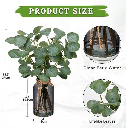 Briful Artificial Eucalyptus Leaves in Black Glass Vase
