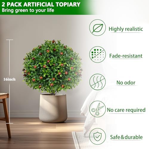 Artificial Olive Topiary Ball Trees 2 Pack 16 Inches UV Resistant