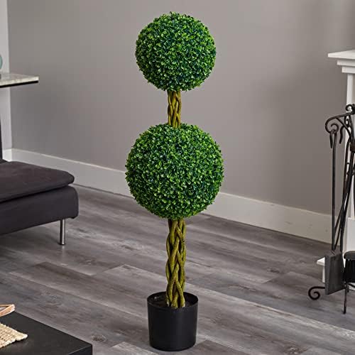 Nearly Natural 4ft Boxwood Double Ball Artificial Topiary Tree with Woven Trunk