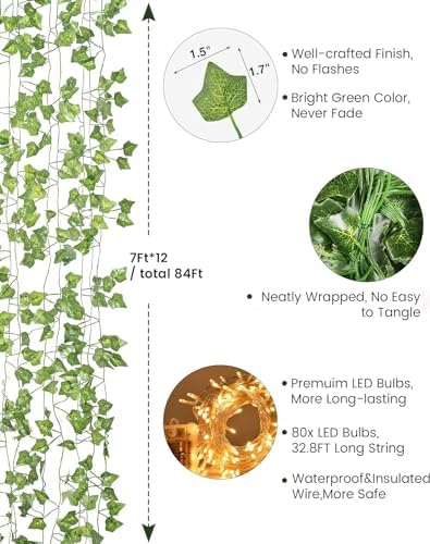 JACKYLED 84 Ft Artificial Ivy Garland with LED Lights