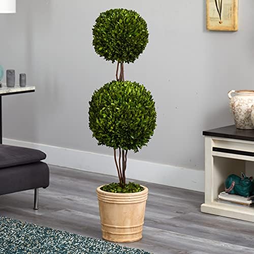 Nearly Natural 4ft Preserved Boxwood Double Ball Topiary Tree with Planter