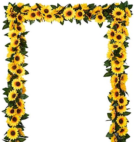 DearHouse 3 Pack Artificial Sunflower Garland with Green Leaves