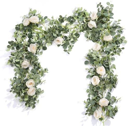 Der Rose 2Pcs Artificial Eucalyptus Garland with White Roses and Gypsophila