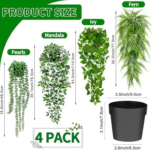 4 Pack Artificial Hanging Plants for Home Decor